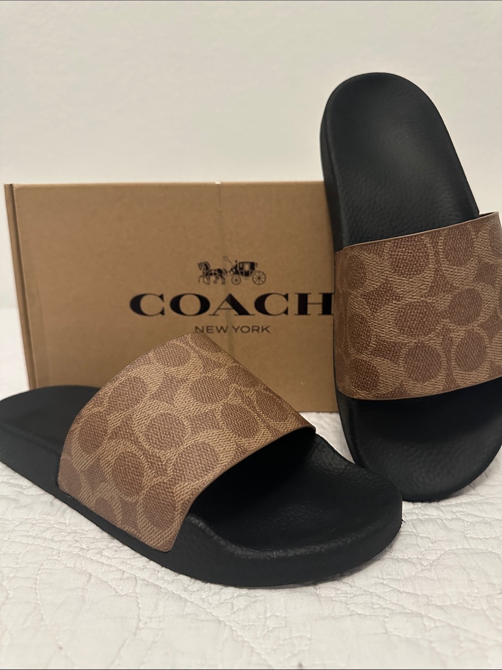 Coach Udele Coated Canvas Slide Sandals Tan Size 8